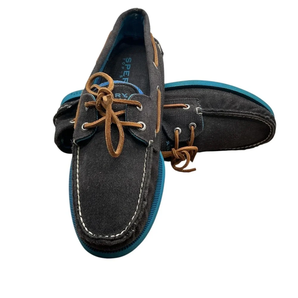 Sperry Top-Sider Mens 12M Black Fabric Boat Shoes Turquoise Sole 1049265 Loafers